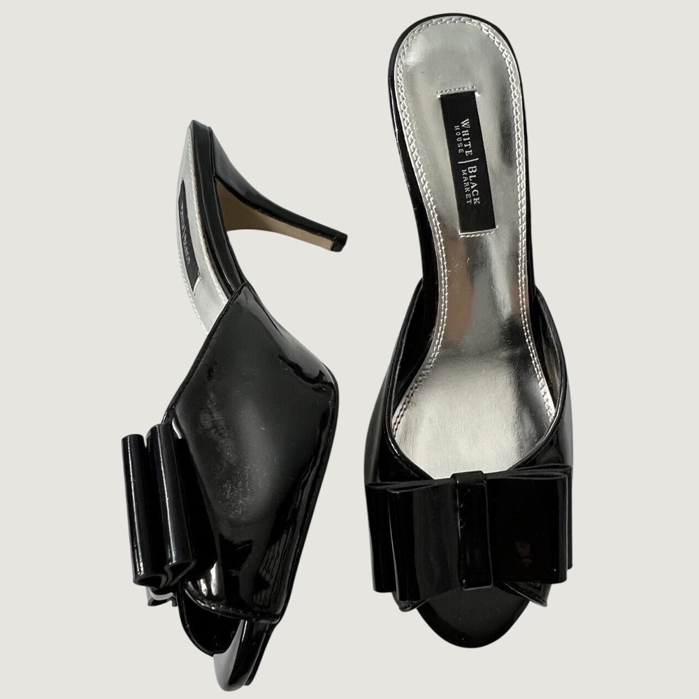 White House Black Market Heels 6.5 Black Patent Bow Mules Peep Toe Stiletto